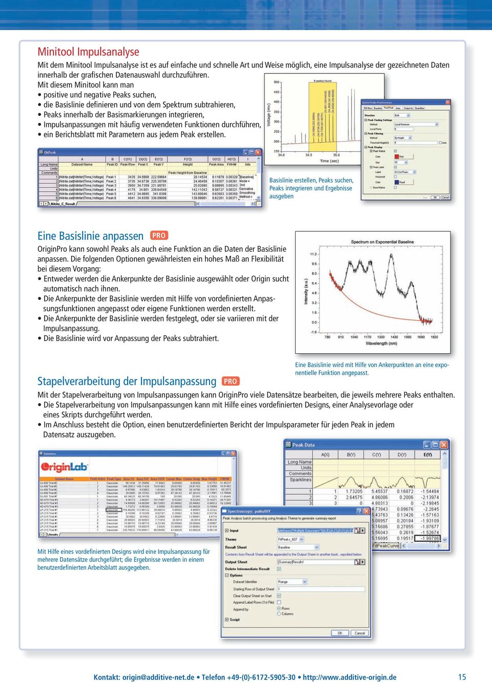 Mit diesem Minitool kann man positive und negative Peaks suchen, die Basislinie definieren und von dem Spektrum subtrahieren, Peaks innerhalb der Basismarkierungen integrieren, Impulsanpassungen mit