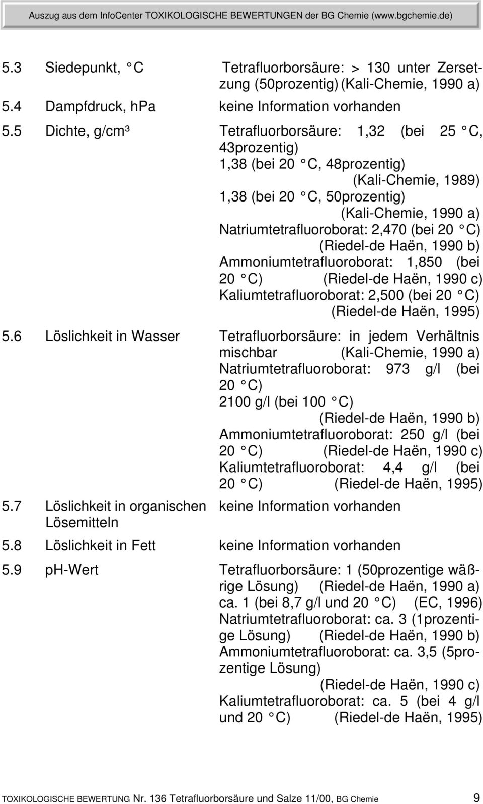 (bei 20 C) (Riedel-de Haën, 1990 b) Ammoniumtetrafluoroborat: 1,850 (bei 20 C) (Riedel-de Haën, 1990 c) Kaliumtetrafluoroborat: 2,500 (bei 20 C) (Riedel-de Haën, 1995) 5.