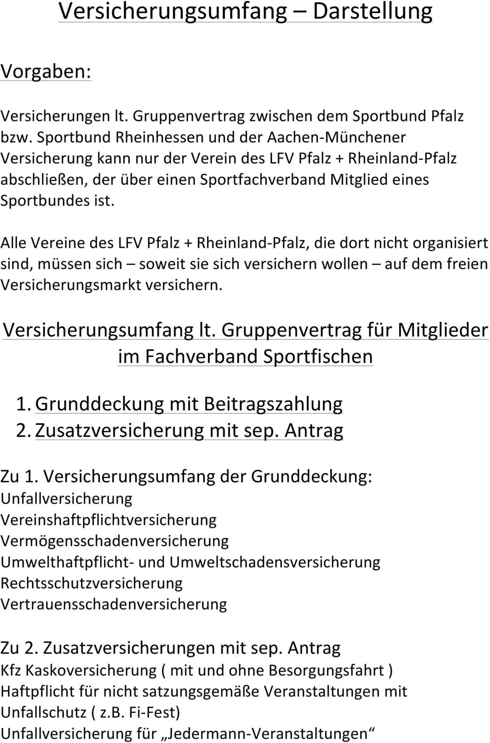 Alle Vereine des LFV Pfalz + Rheinland- Pfalz, die dort nicht organisiert sind, müssen sich soweit sie sich versichern wollen auf dem freien Versicherungsmarkt versichern. Versicherungsumfang lt.