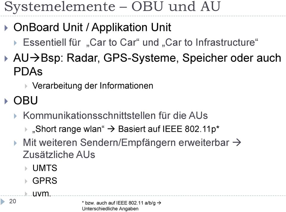 Kommunikationsschnittstellen für die AUs Short range wlan Basiert auf IEEE 802.