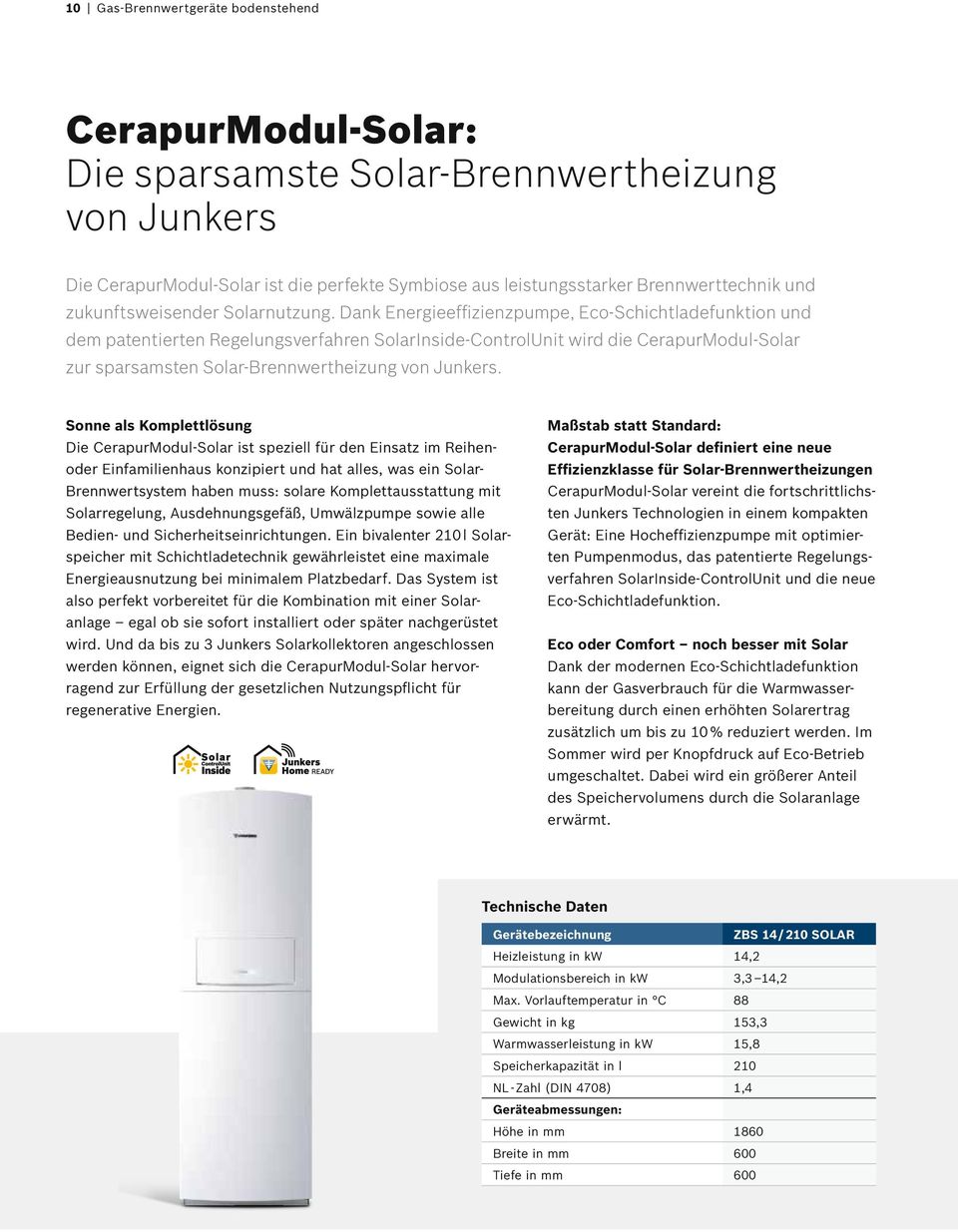 Dank Energieeffizienzpumpe, Eco-Schichtladefunktion und dem paten tierten Regelungsverfahren SolarInside-ControlUnit wird die CerapurModul-Solar zur sparsamsten Solar-Brennwert heizung von Junkers.