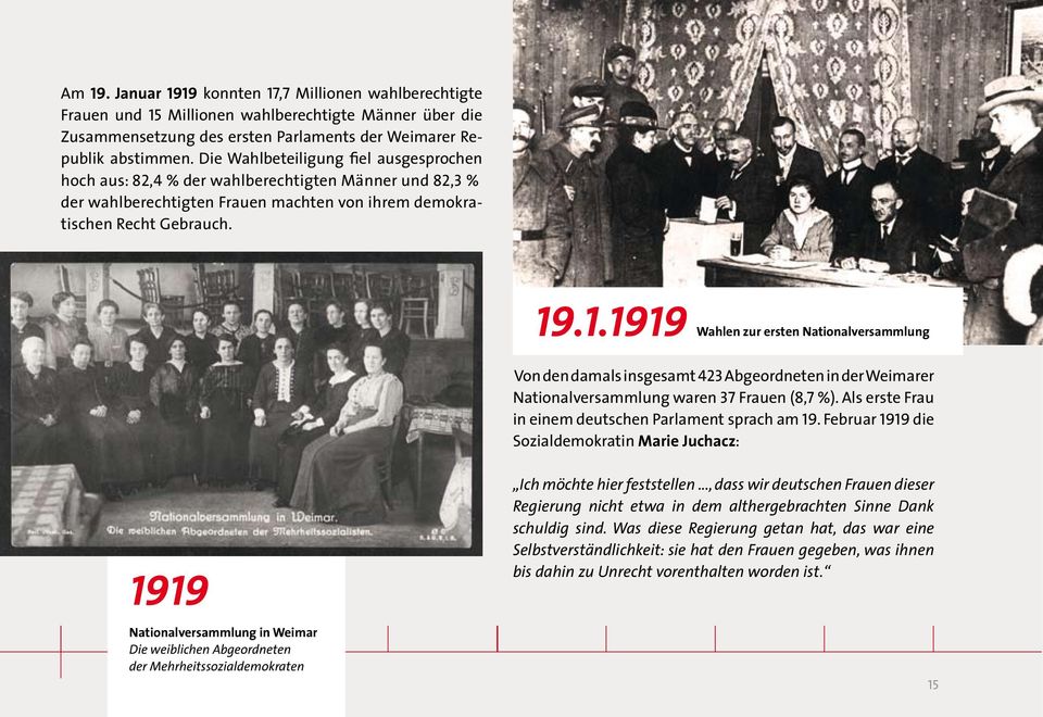 .1.1919 Wahlen zur ersten Nationalversammlung Von den damals insgesamt 423 Abgeordneten in der Weimarer Nationalversammlung waren 37 Frauen (8,7 %).