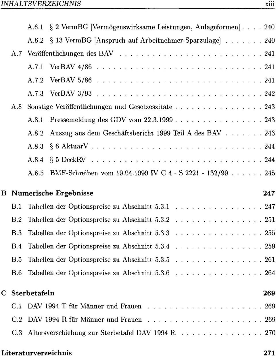 8.4 5 DeckRV 244 A.8.5 BMF-Schreiben vom 19.04.1999 IV C 4 - S 2221-132/99 245 B Numerische Ergebnisse 247 B.l Tabellen der Optionspreise zu Abschnitt 5.3.1 247 B.