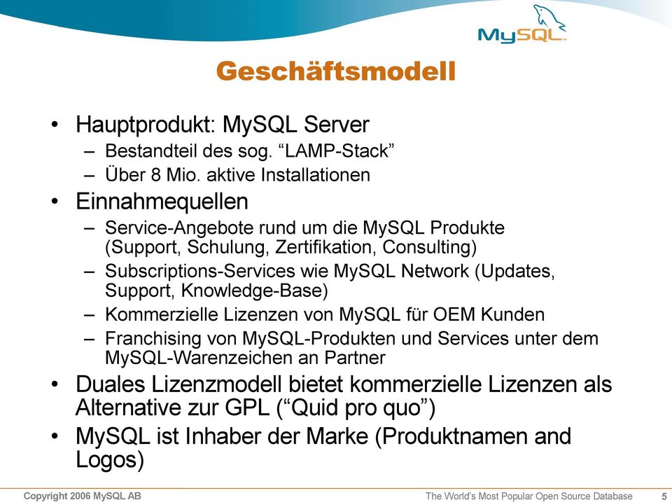 Subscriptions-Services wie MySQL Network (Updates, Support, Knowledge-Base) Kommerzielle Lizenzen von MySQL für OEM Kunden Franchising von