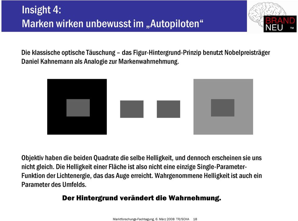 Objektiv haben die beiden Quadrate die selbe Helligkeit, und dennoch erscheinen sie uns nicht gleich.