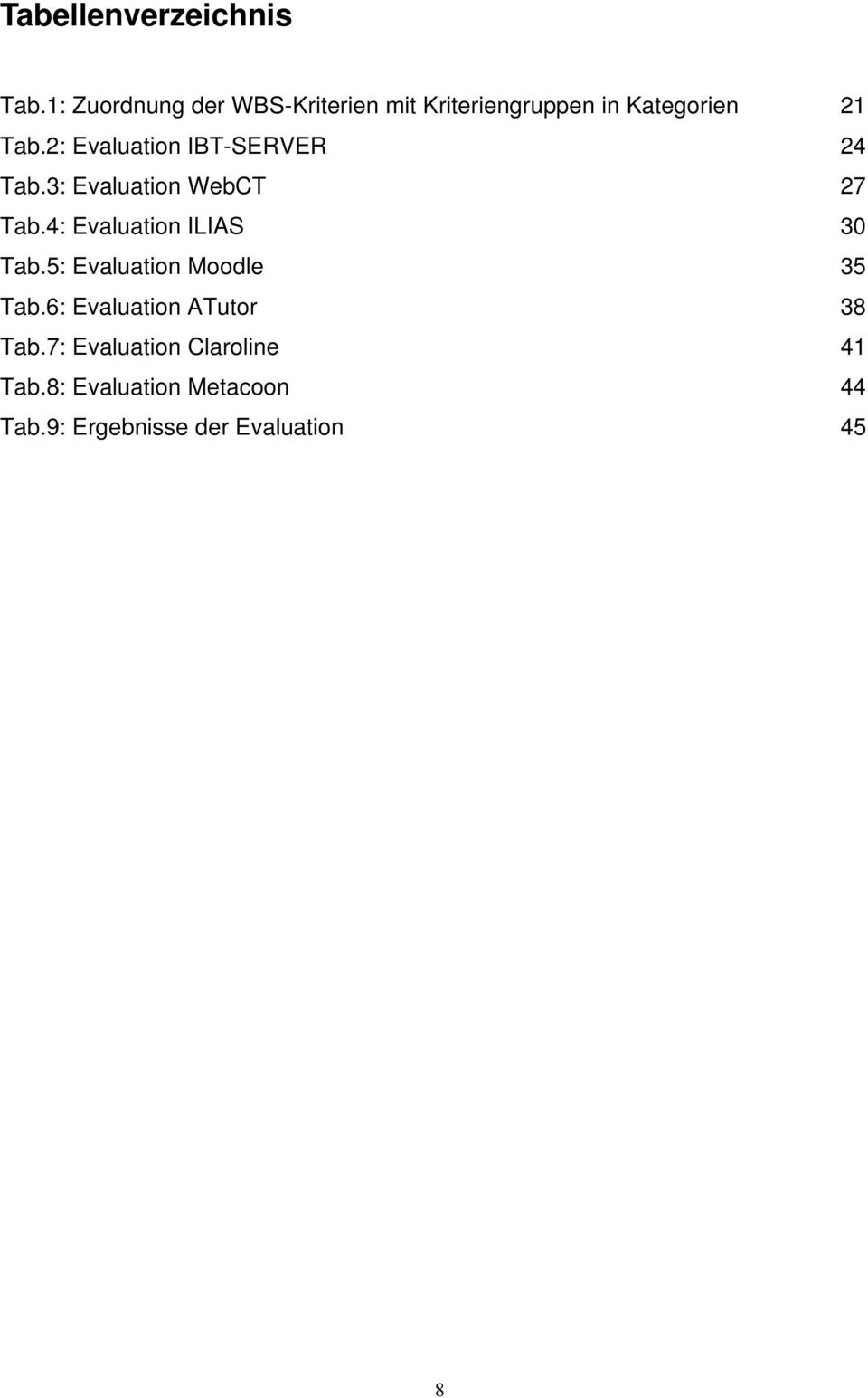 2: Evaluation IBT-SERVER 24 Tab.3: Evaluation WebCT 27 Tab.