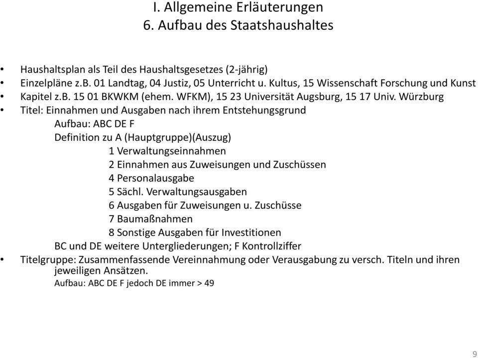 Würzburg Titel: Einnahmen und Ausgaben nach ihrem Entstehungsgrund Aufbau: ABC DE F Definition zu A (Hauptgruppe)(Auszug) 1 Verwaltungseinnahmen 2 Einnahmen aus Zuweisungen und Zuschüssen 4