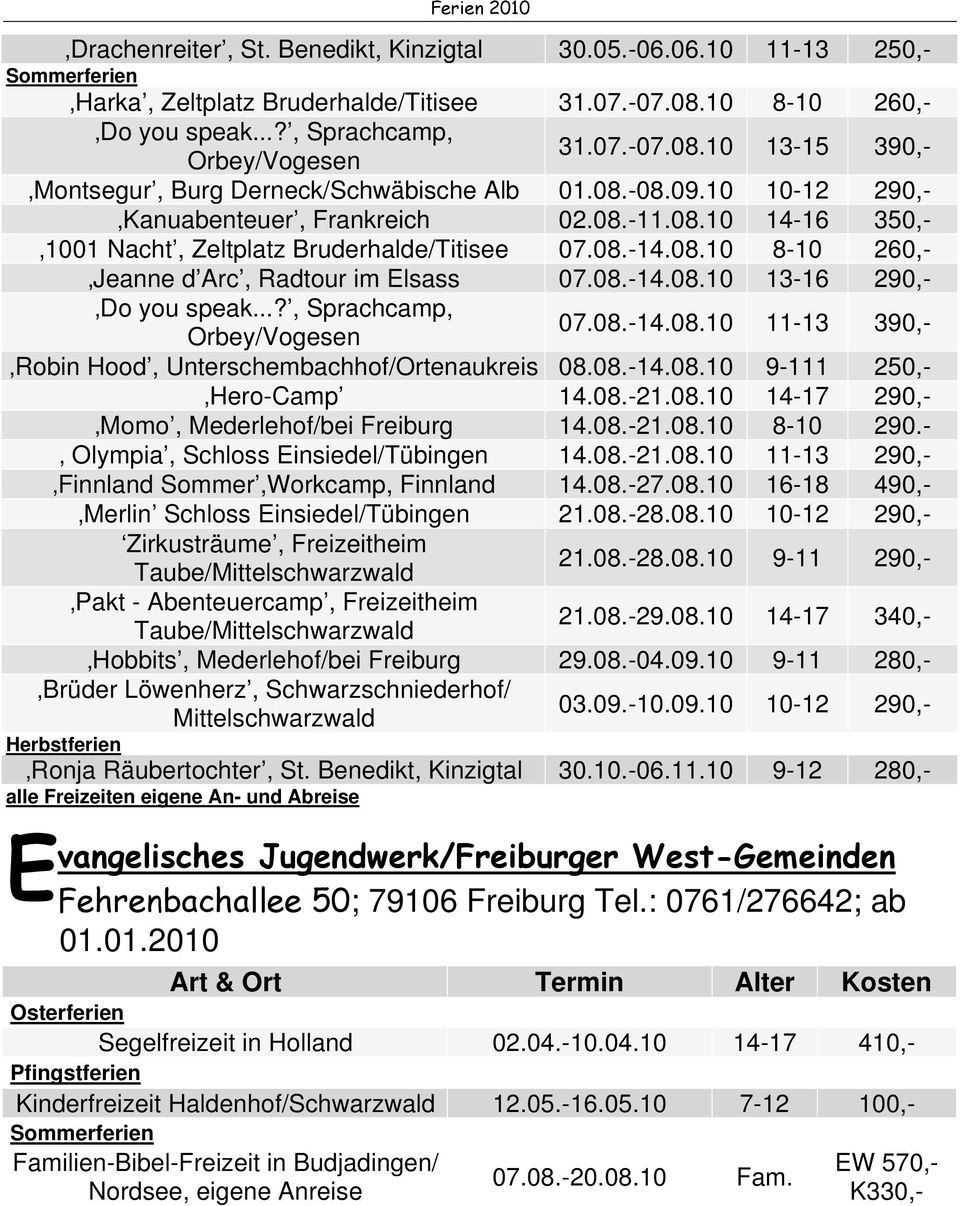 ..?, Sprachcamp, Orbey/Vogesen 07.08.-14.08.10 11-13 390,- Robin Hood, Unterschembachhof/Ortenaukreis 08.08.-14.08.10 9-111 250,- Hero-Camp 14.08.-21.08.10 14-17 290,- Momo, Mederlehof/bei Freiburg 14.