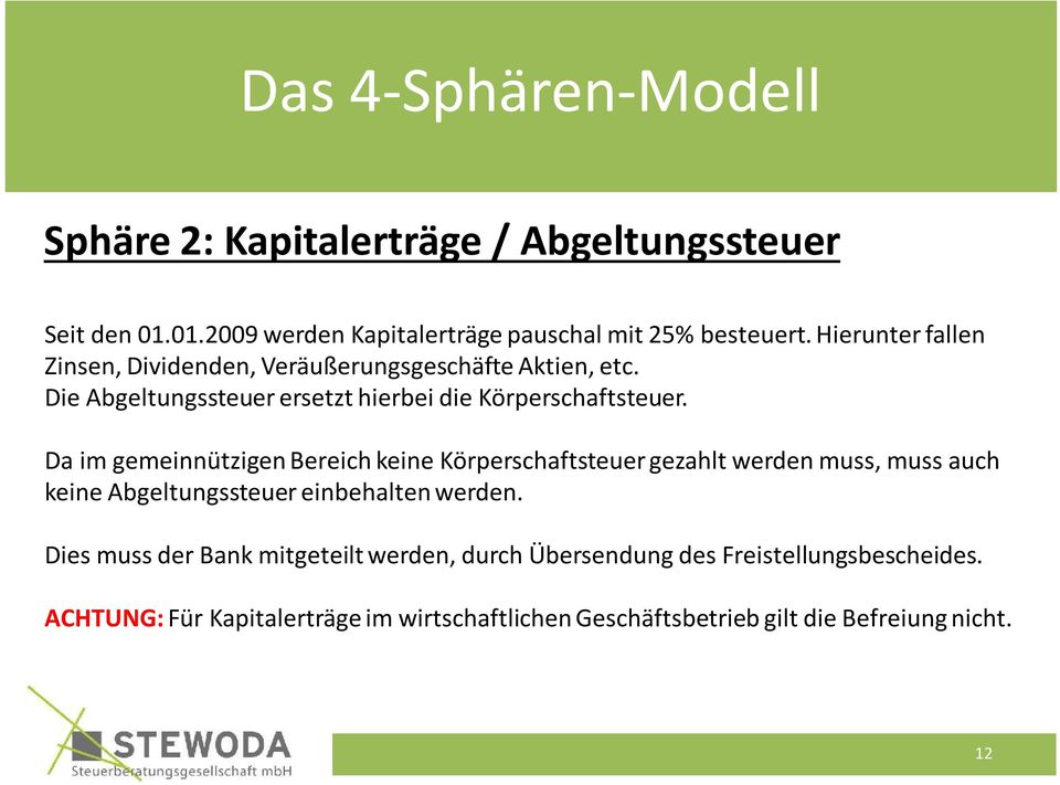 Da im gemeinnützigen Bereich keine Körperschaftsteuer gezahlt werden muss, muss auch keine Abgeltungssteuer einbehalten werden.