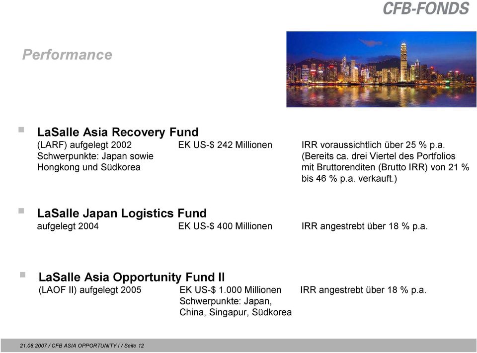 ) LaSalle Japan Logistics Fund aufgelegt 2004 EK US-$ 242 Millionen EK US-$ 400 Millionen IRR angestrebt über 18 % p.a. LaSalle Asia Opportunity Fund II (LAOF II) aufgelegt 2005 21.