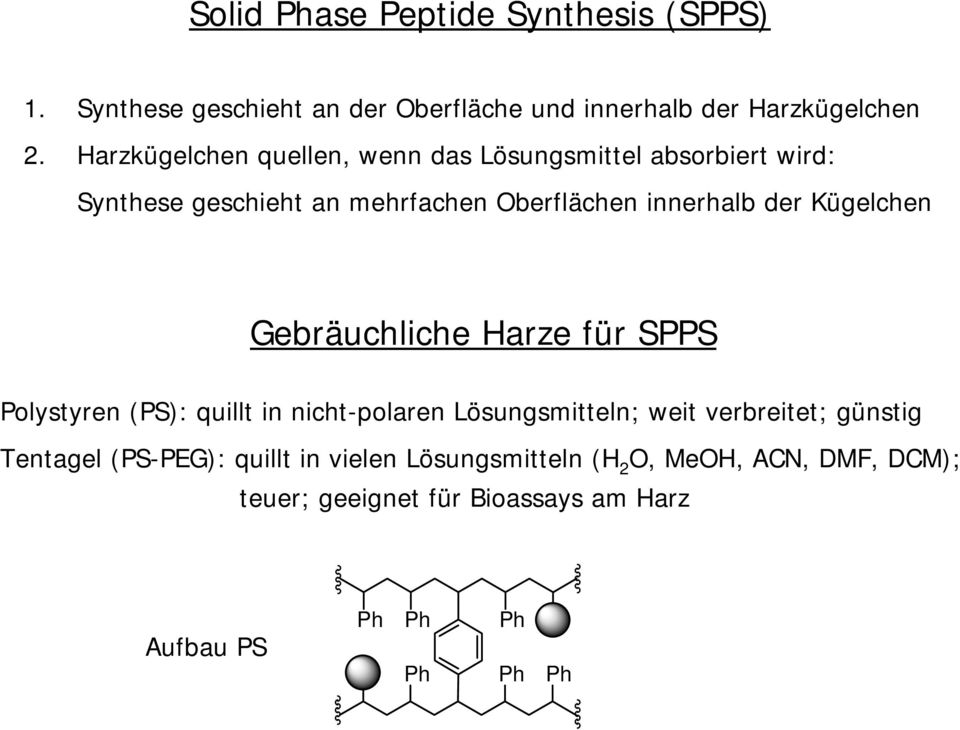 Kügelchen Gebräuchliche arze für SPPS Polystyren (PS): quillt in nicht-polaren Lösungsmitteln; weit verbreitet; günstig