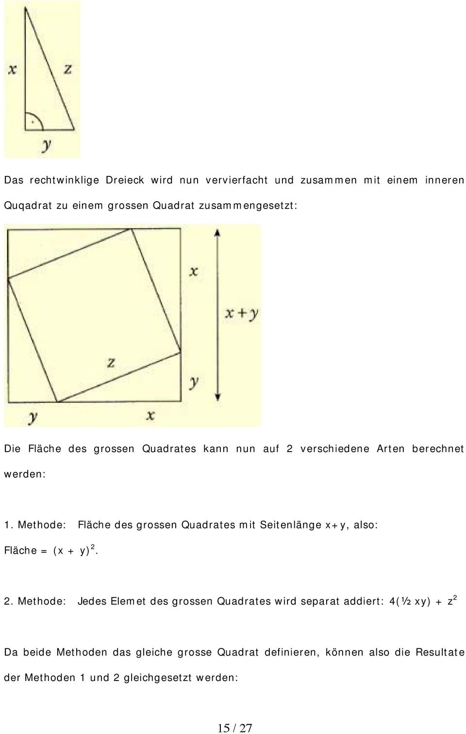 Methode: Fläche des grossen Quadrates mit Seitenlänge x+y, also: Fläche = (x + y) 2.