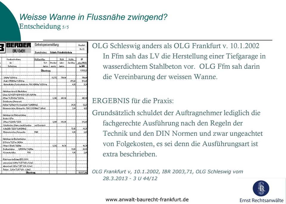 OLG Ffm sah darin die Vereinbarung der weissen Wanne.