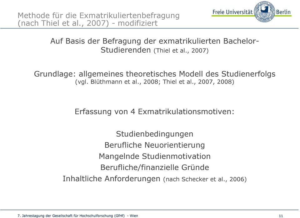 , 2007) Grundlage: allgemeines theoretisches Modell des Studienerfolgs (vgl. Blüthmann et al., 2008; Thiel et al.