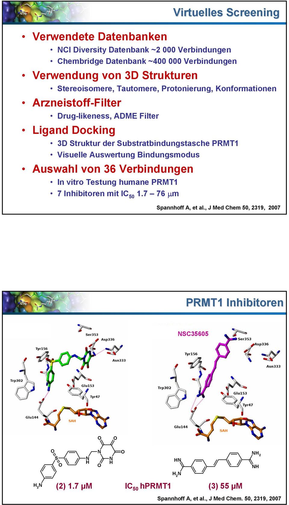 Substratbindungstasche PRMT1 Visuelle Auswertung Bindungsmodus Auswahl von 36 Verbindungen In vitro Testung humane PRMT1 7 Inhibitoren mit IC 50 1.