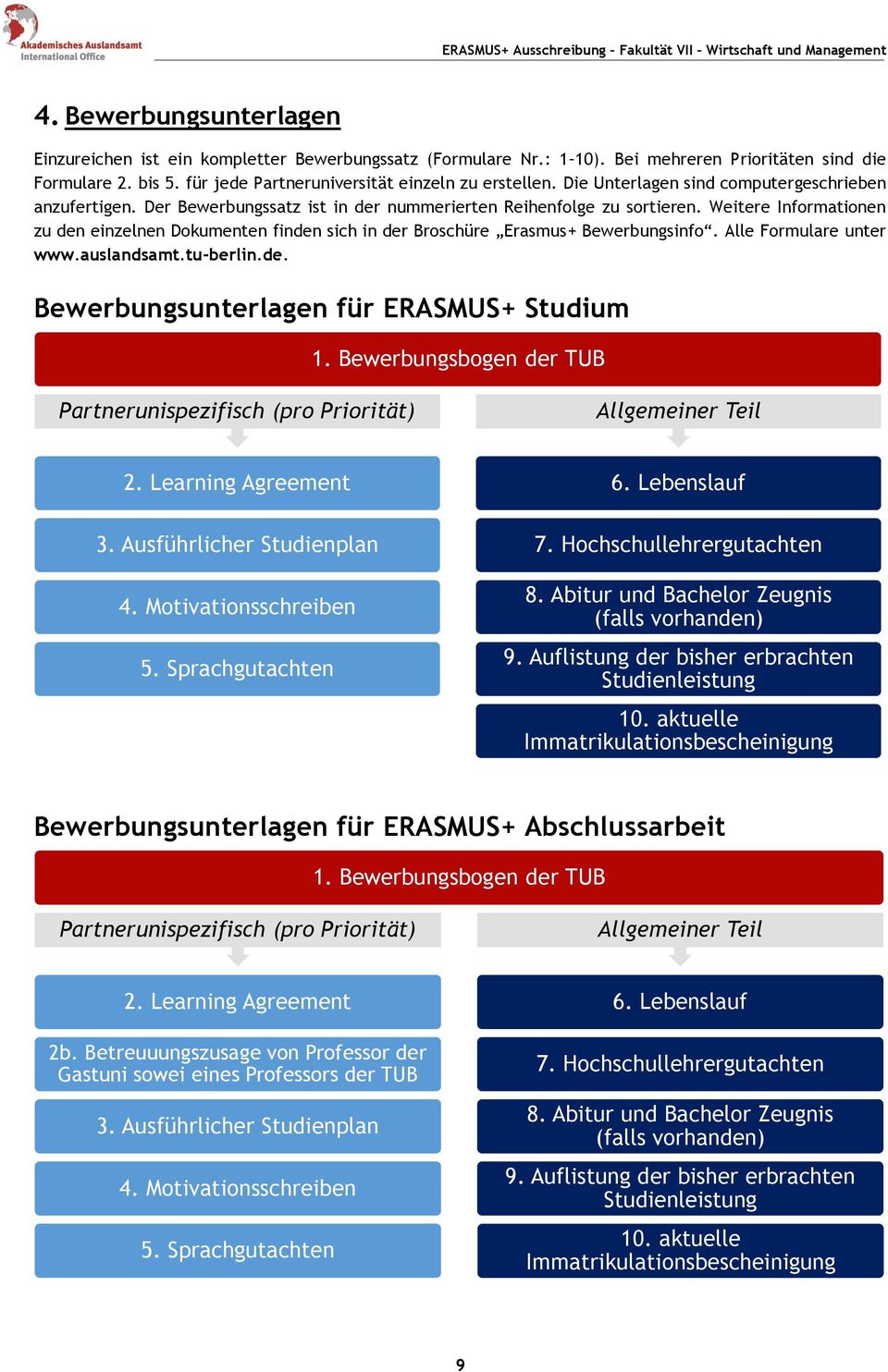 Weitere Informationen zu den einzelnen Dokumenten finden sich in der Broschüre Erasmus+ Bewerbungsinfo. Alle Formulare unter www.auslandsamt.tu-berlin.de. Bewerbungsunterlagen für ERASMUS+ Studium 1.