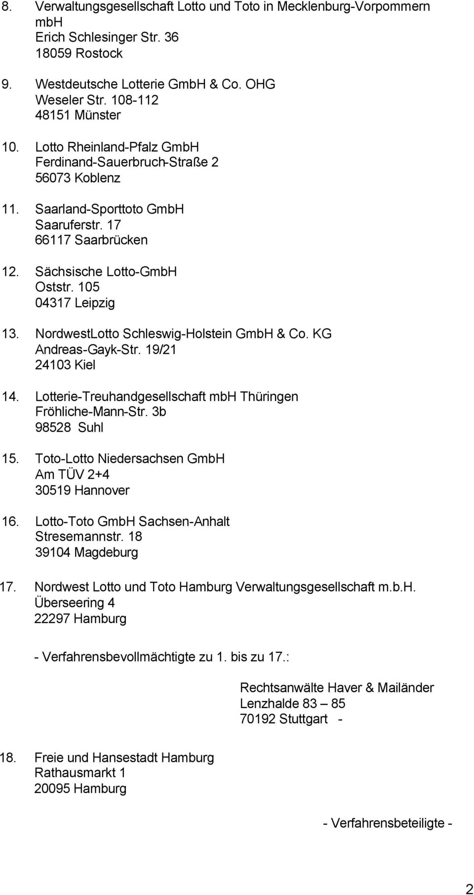 NordwestLotto Schleswig-Holstein GmbH & Co. KG Andreas-Gayk-Str. 19/21 24103 Kiel 14. Lotterie-Treuhandgesellschaft mbh Thüringen Fröhliche-Mann-Str. 3b 98528 Suhl 15.