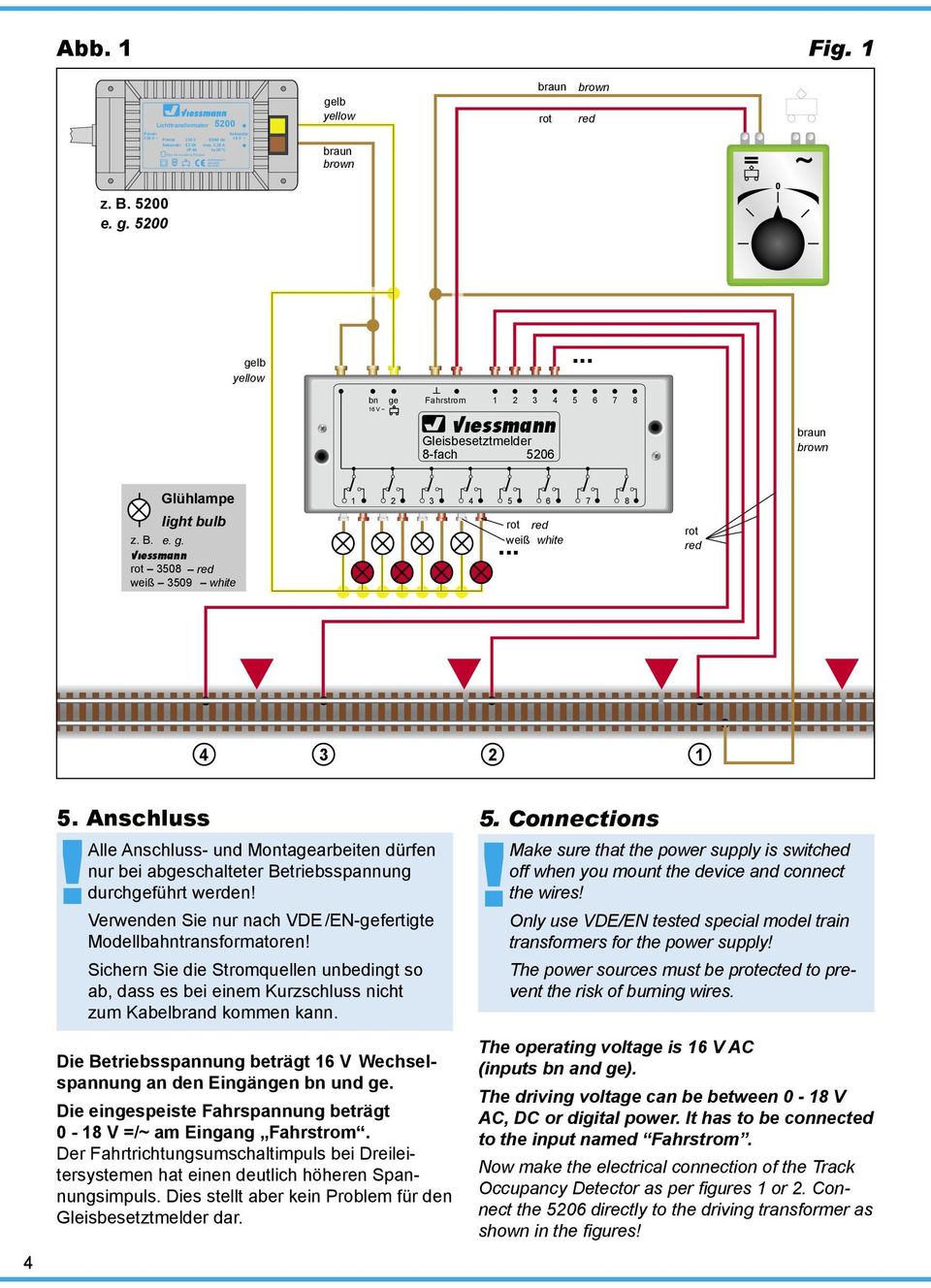 .. 4 3 2 1 4 5. Anschluss Alle Anschluss- und Montagearbeiten dürfen nur bei abgeschalteter Betriebsspannung durchgeführt werden! Verwenden Sie nur nach VDE /EN-gefertigte Modellbahntransformatoren!