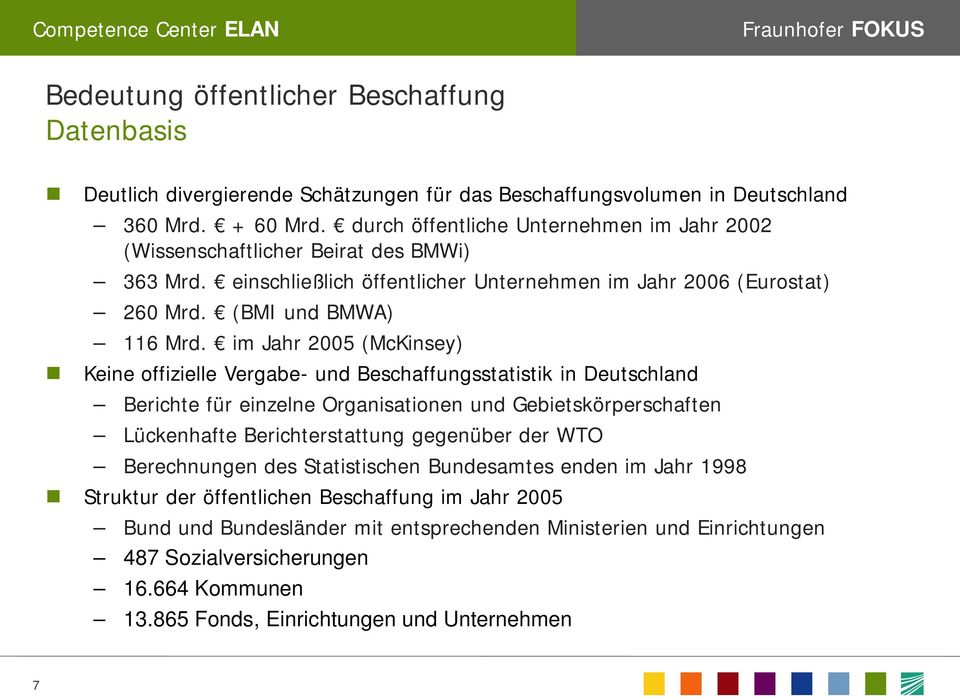 im Jahr 2005 (McKinsey) Keine offizielle Vergabe- und Beschaffungsstatistik in Deutschland Berichte für einzelne Organisationen und Gebietskörperschaften Lückenhafte Berichterstattung gegenüber der
