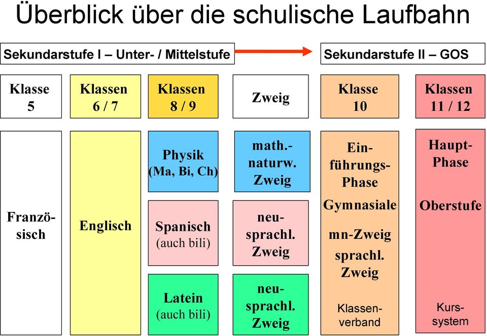 Zweig Ein- führungs- Phase Haupt- Phase Französisch Englisch Spanisch (auch bili) Latein (auch bili)