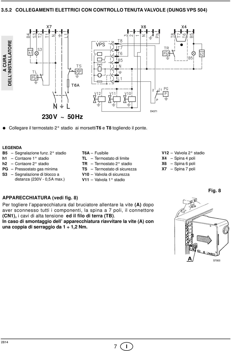 ) T6A Fusibile TL Termostato di limite TR Termostato 2 stadio TS Termostato di sicurezza V10 Valvola di sicurezza V11 Valvola 1 stadio V12 Valvola 2 stadio X4 Spina 4 poli X6 Spina 6 poli X7 Spina 7