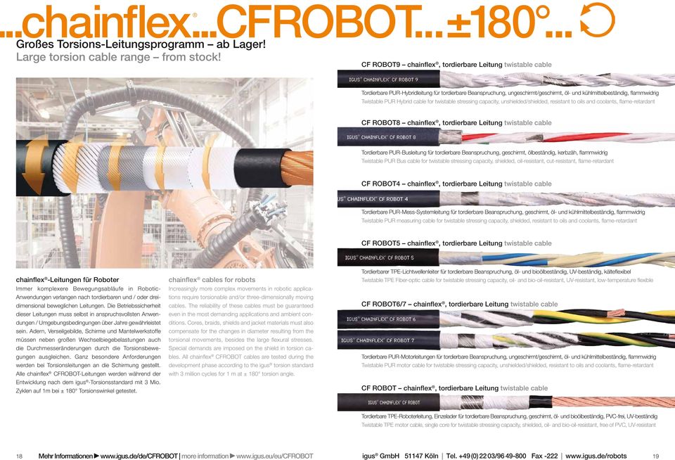 Hybrid cable for twistable stressing capacity, unshielded/shielded, resistant to oils and coolants, flame-retardant CF ROBOT8 chainflex, tordierbare Leitung twistable cable Tordierbare PUR-Busleitung
