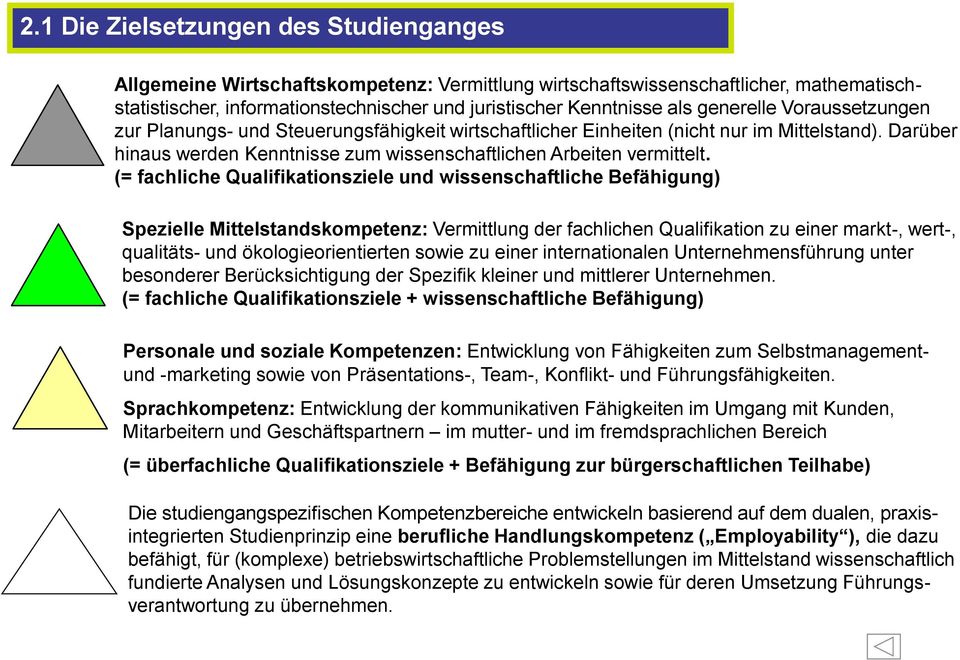 (= fachliche Qualifikationsziele und wissenschaftliche Befähigung) Spezielle Mittelstandskompetenz: Vermittlung der fachlichen Qualifikation zu einer markt-, wert-, qualitäts- und