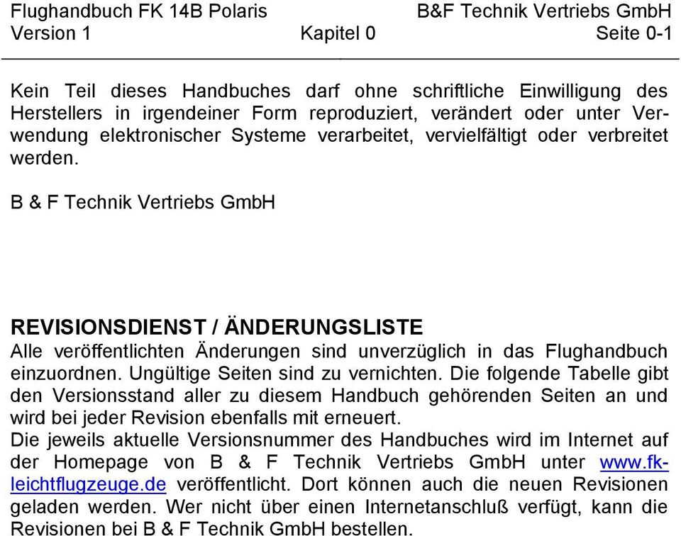 Ungültige Seiten sind zu vernichten. Die folgende Tabelle gibt den Versionsstand aller zu diesem Handbuch gehörenden Seiten an und wird bei jeder Revision ebenfalls mit erneuert.