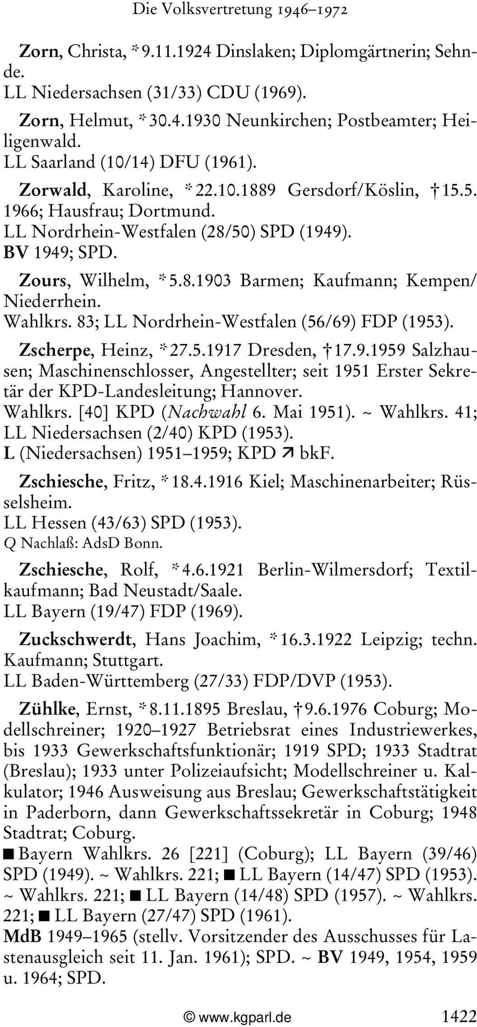 Wahlkrs. 83; LL Nordrhein-Westfalen (56/69) FDP (1953). Zscherpe, Heinz, * 27.5.1917 Dresden, 17.9.1959 Salzhausen; Maschinenschlosser, Angestellter; seit 1951 Erster Sekretär der KPD-Landesleitung; Hannover.