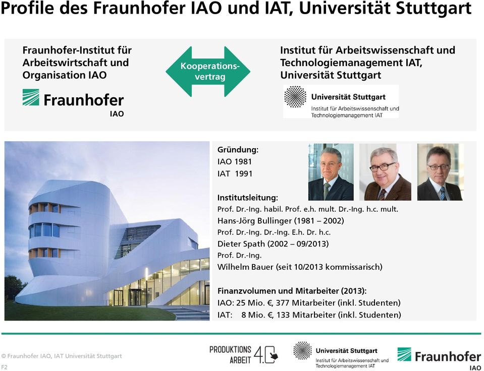 Dr.-Ing. h.c. mult. Hans-Jörg Bullinger (1981 2002) Prof. Dr.-Ing. Dr.-Ing. E.h. Dr. h.c. Dieter Spath (2002 09/2013) Prof. Dr.-Ing. Wilhelm Bauer (seit 10/2013 kommissarisch) Finanzvolumen und Mitarbeiter (2013): IAO: 25 Mio.