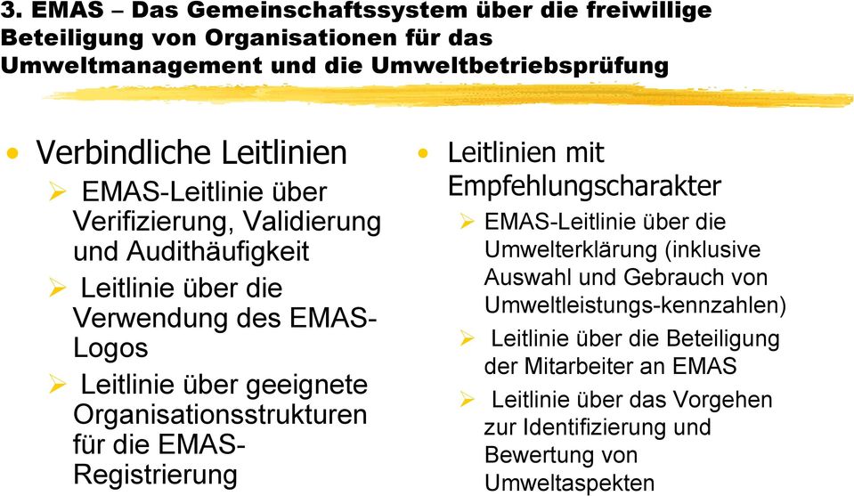 Organisationsstrukturen für die EMAS- Registrierung Leitlinien mit Empfehlungscharakter EMAS-Leitlinie über die Umwelterklärung (inklusive Auswahl und