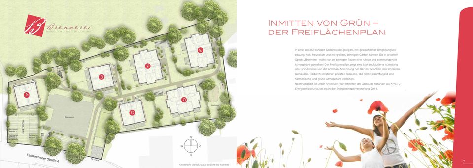 Der Freiflächenplan zeigt eine klar strukturierte Aufteilung des Grundstücks und die optimale Anordnung der Gärten zwischen den einzelnen Gebäuden.