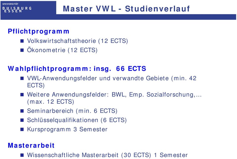 42 ECTS) Weitere Anwendungsfelder: BWL, Emp. Sozialforschung, (max. 12 ECTS) Seminarbereich (min.