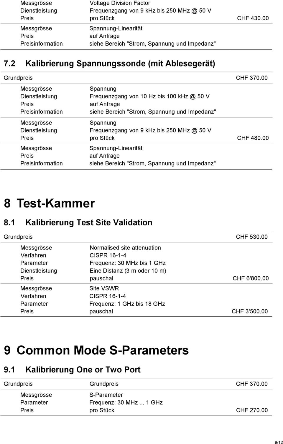 @ 50 V pro Stück CHF 480.00 Spannung-Linearität information siehe Bereich "Strom, Spannung und Impedanz" 8 Test-Kammer 8.1 Kalibrierung Test Site Validation Grundpreis CHF 530.