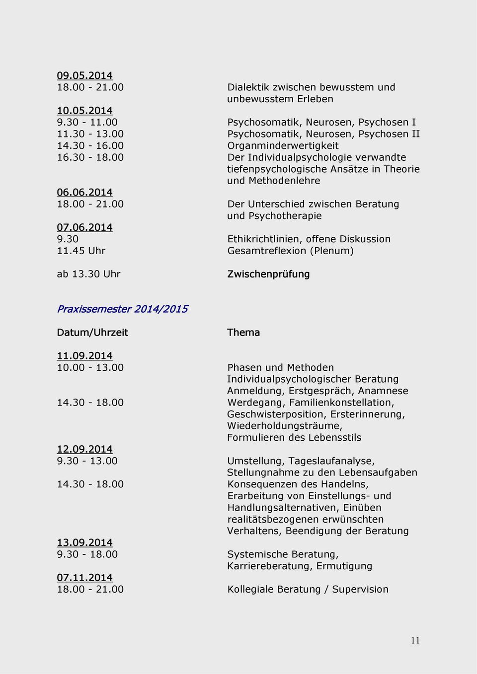 00 Der Unterschied zwischen Beratung und Psychotherapie 07.06.2014 9.30 Ethikrichtlinien, offene Diskussion 11.45 Uhr Gesamtreflexion (Plenum) ab 13.