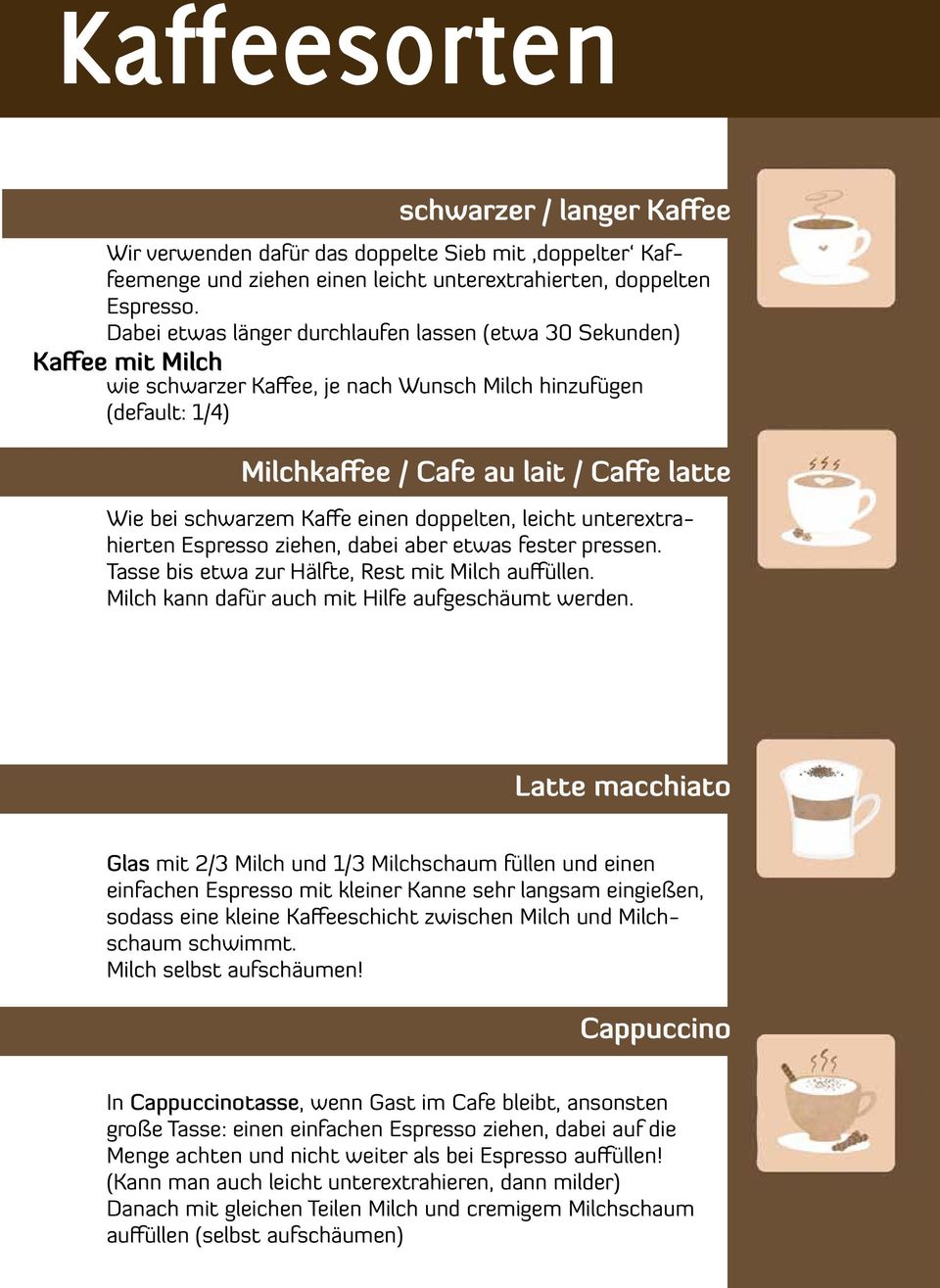 Caffe latte Wie bei schwarzem Kaffe einen doppelten, leicht unterextrahierten Espresso ziehen, dabei aber etwas fester pressen. Tasse bis etwa zur Hälfte, Rest mit Milch auffüllen.