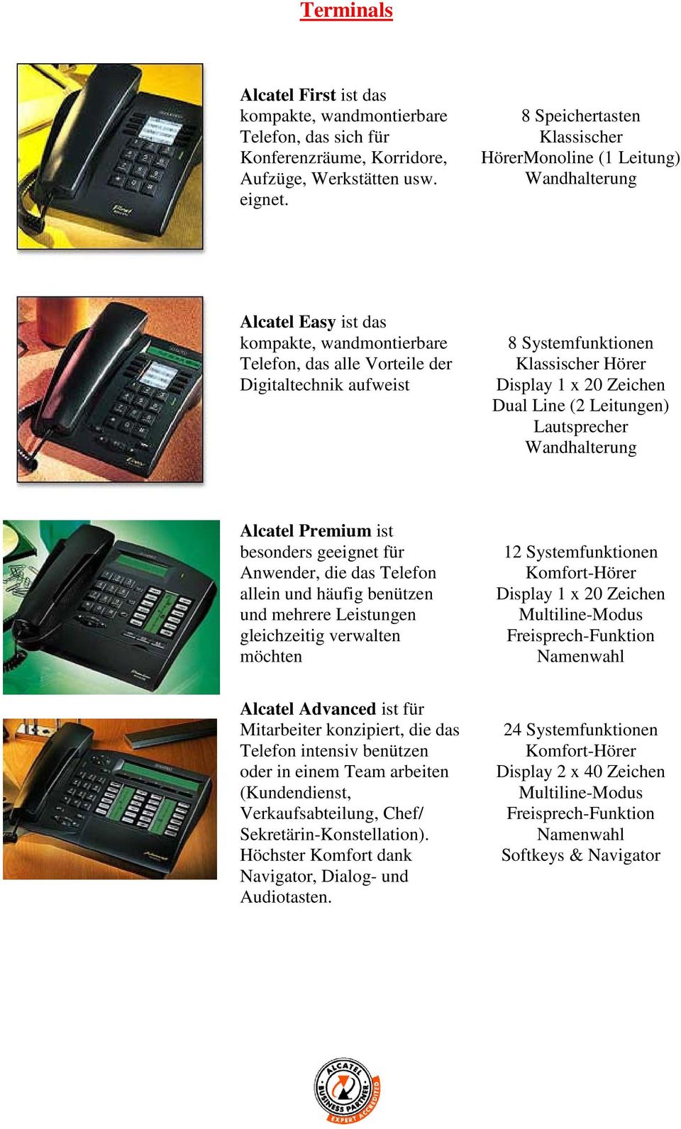 Klassischer Hörer Display 1 x 20 Zeichen Dual Line (2 Leitungen) Lautsprecher Wandhalterung Alcatel Premium ist besonders geeignet für Anwender, die das Telefon allein und häufig benützen und mehrere