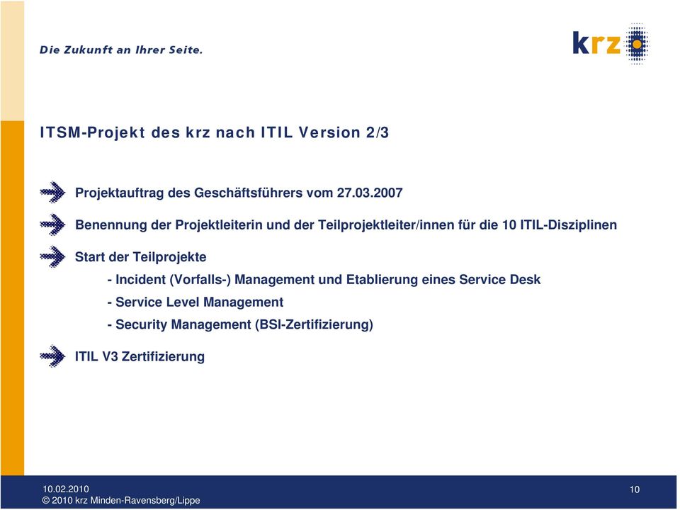 ITIL-Disziplinen Start der Teilprojekte - Incident (Vorfalls-) Management und