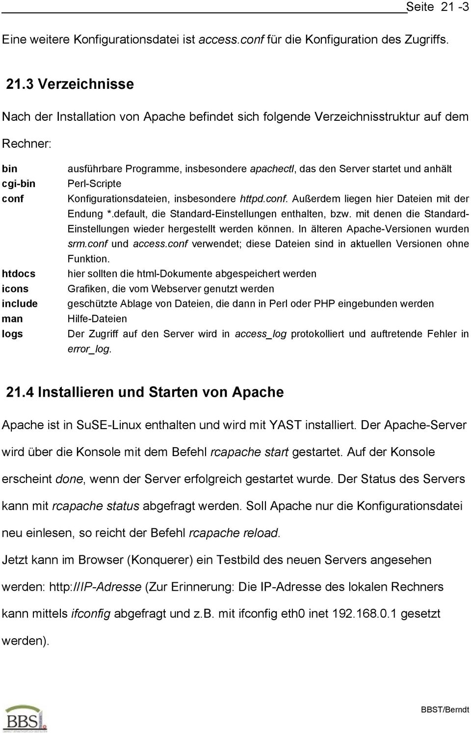 3 Verzeichnisse Nach der Installation von Apache befindet sich folgende Verzeichnisstruktur auf dem Rechner: bin cgi-bin conf htdocs icons include man logs ausführbare Programme, insbesondere