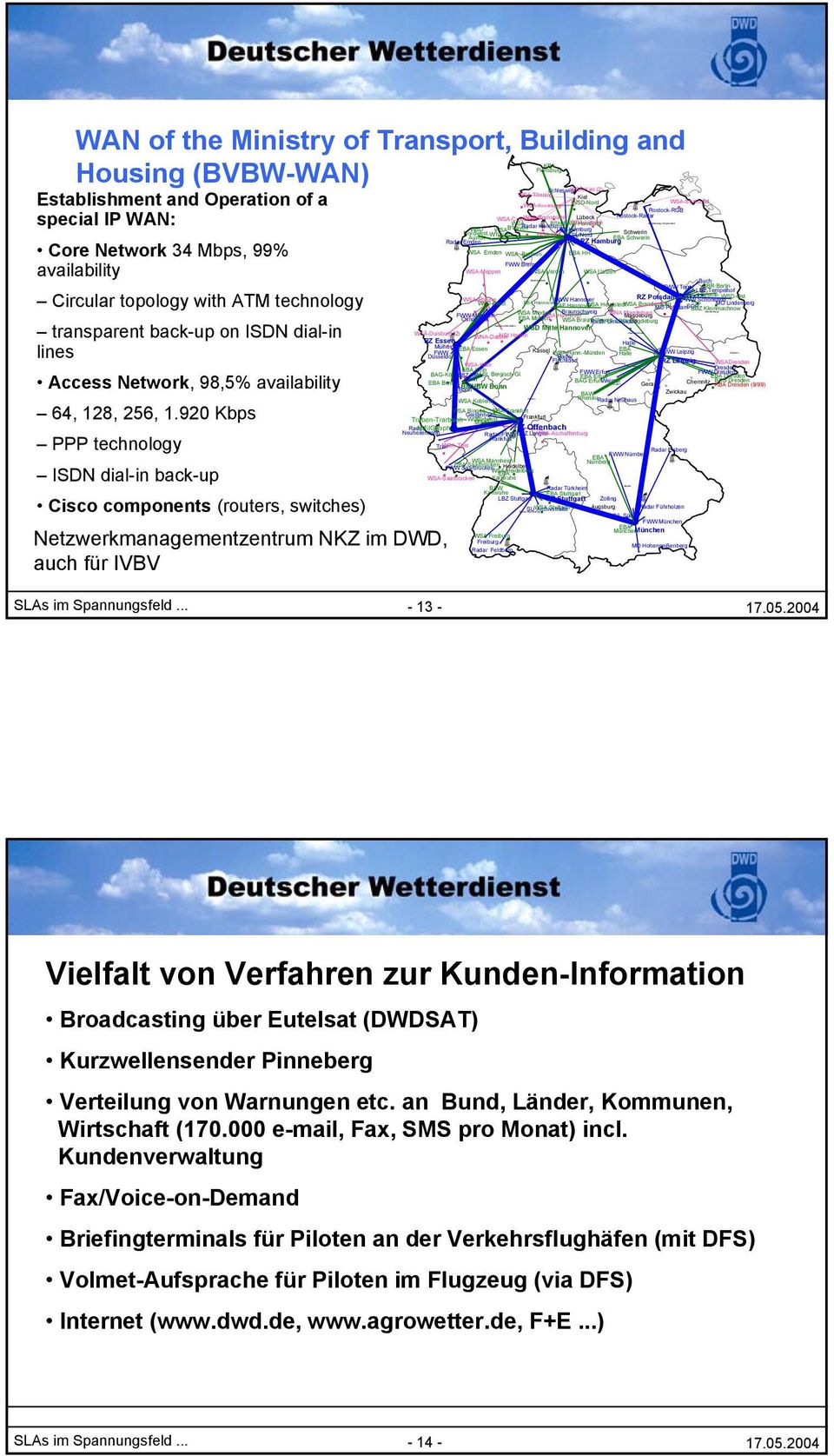 WSA-Brunsbüttel special IP WAN: WSA Radar Hamburg WSD WSA Nordwest, B'haven BSH BAW WSA-Lübeck Hamburg LBZ Hamburg W'haven WSA-HH Schwerin SL/Nord EBA Schwerin Core Network 34 Mbps, 99% availability