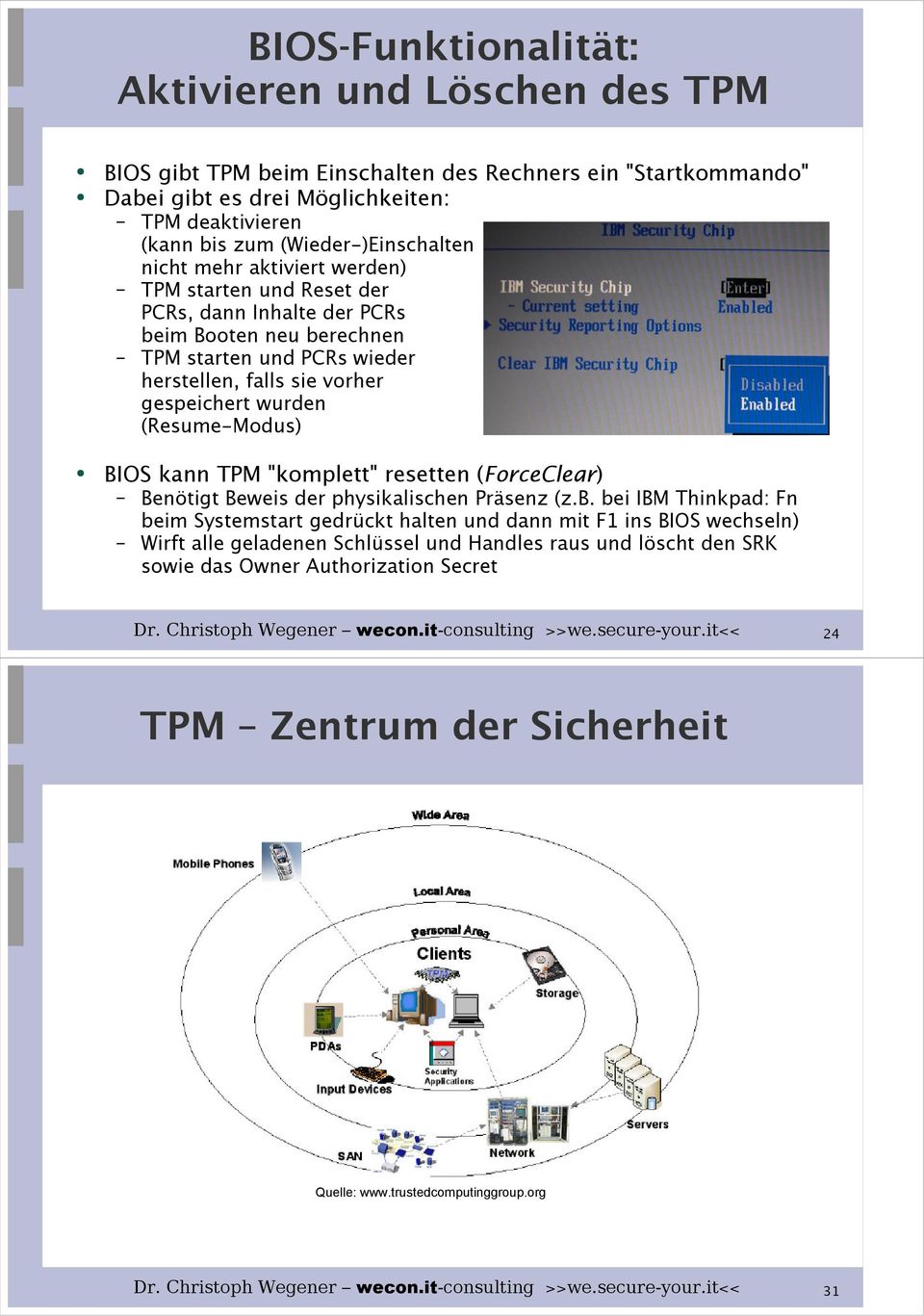 gespeichert wurden (Resume-Modus) BIOS kann TPM "komplett" resetten (ForceClear) Benötigt Beweis der physikalischen Präsenz (z.b.