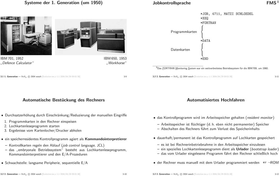 Monitoring System war ein weitverbreitetes Betriebssystem für die IBM709, um 1960. 3.1 1. Generation SoS i, c 2004 wosch [Evolution.tex,v 1.1 2004/04/29 09:01:38] 3-9 3.2 2.