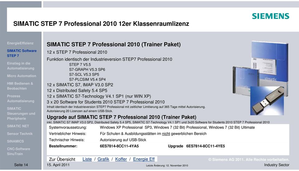 1 SP1 (nur WIN XP) 3 x 20 Software for Students 2010 Professional 2010 Inhalt identisch der Industrieversion STEP7 Professional mit zeitlicher Limitierung auf 365 Tage mittel Autorisierung.