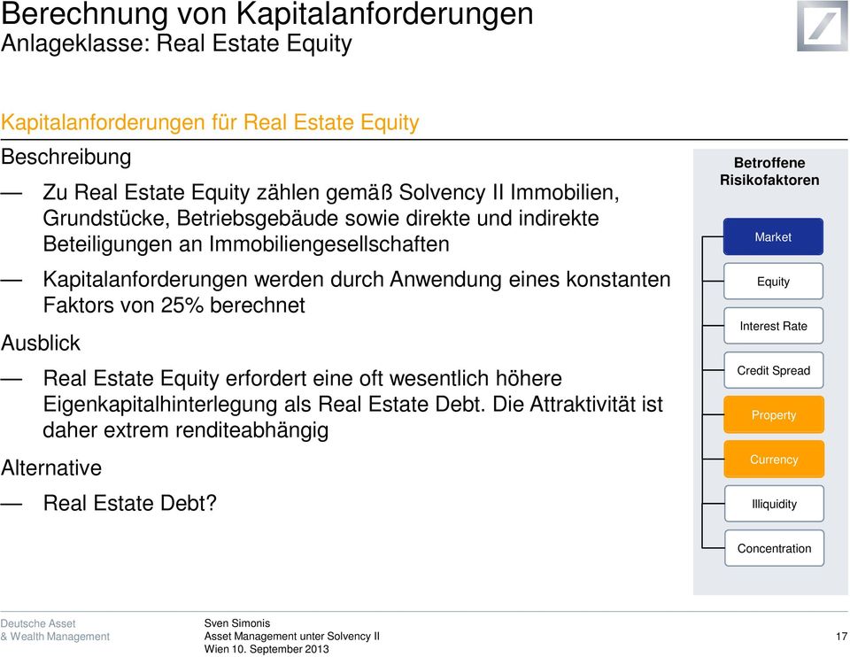 konstanten Faktors von 25% berechnet Ausblick Real Estate Equity erfordert eine oft wesentlich höhere Eigenkapitalhinterlegung als Real Estate Debt.