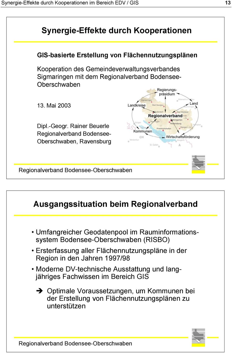 Rainer Beuerle Regionalverband Bodensee- Oberschwaben, Ravensburg Ausgangssituation beim Regionalverband Umfangreicher Geodatenpool im Rauminformationssystem Bodensee-Oberschwaben