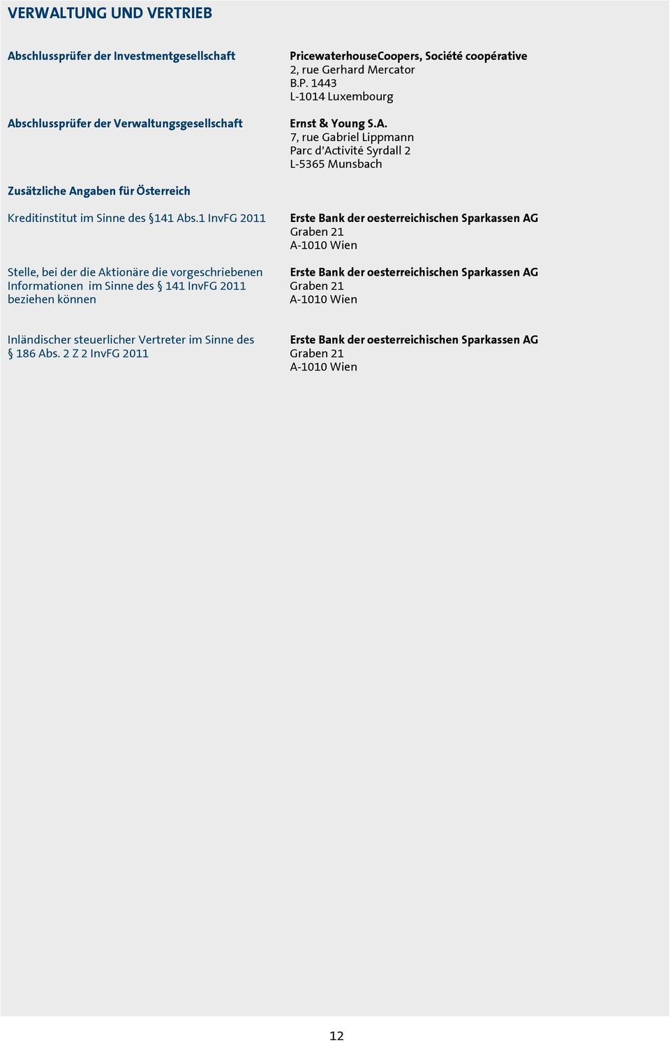 1 InvFG 2011 Erste Bank der oesterreichischen Sparkassen AG Graben 21 A-1010 Wien Stelle, bei der die Aktionäre die vorgeschriebenen Erste Bank der oesterreichischen Sparkassen AG