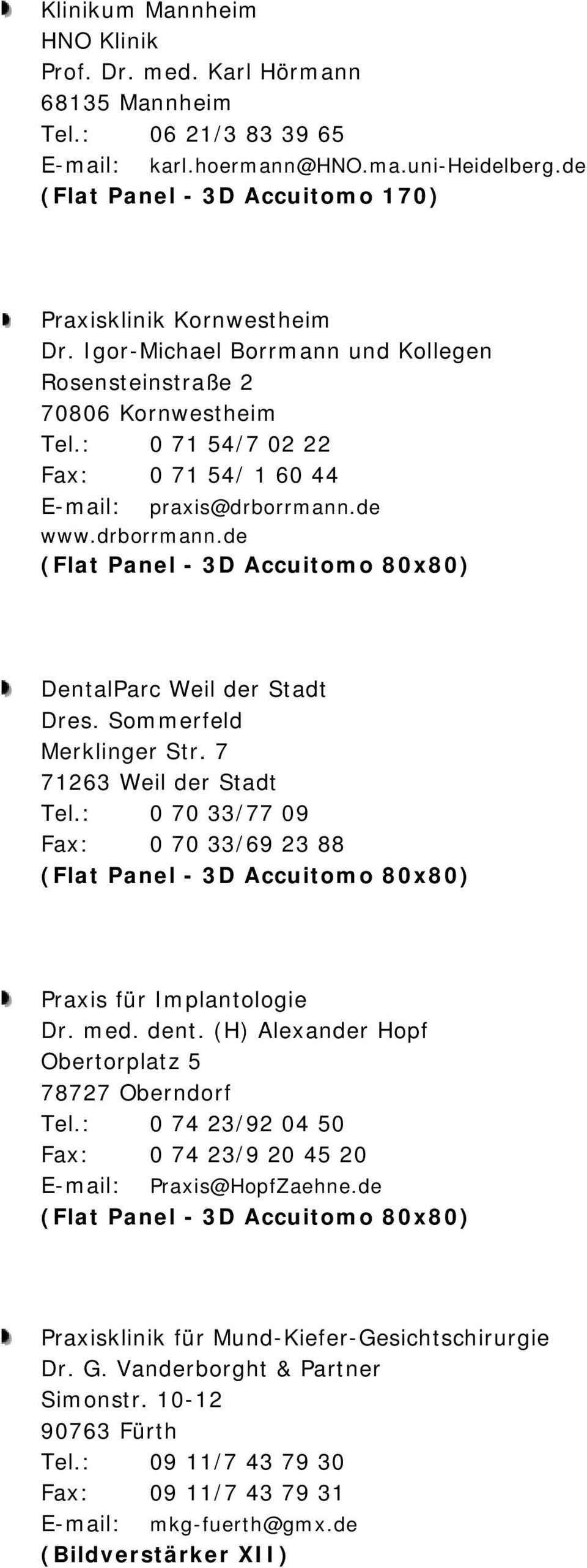 : 0 71 54/7 02 22 Fax: 0 71 54/ 1 60 44 E-mail: praxis@drborrmann.de www.drborrmann.de DentalParc Weil der Stadt Dres. Sommerfeld Merklinger Str. 7 71263 Weil der Stadt Tel.