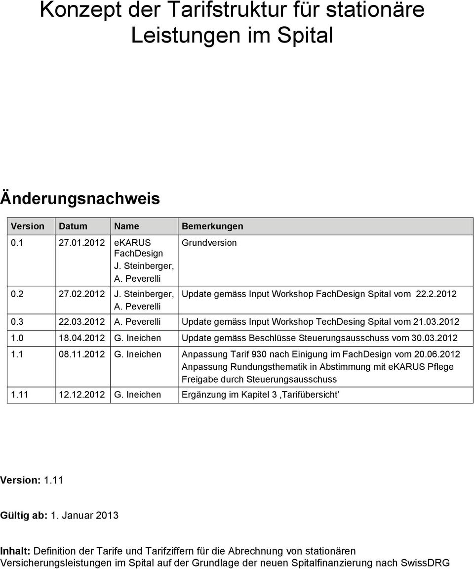 2012 G. Ineichen Update gemäss Beschlüsse Steuerungsausschuss vom 30.03.2012 1.1 08.11.2012 G. Ineichen Anpassung Tarif 930 nach Einigung im FachDesign vom 20.06.