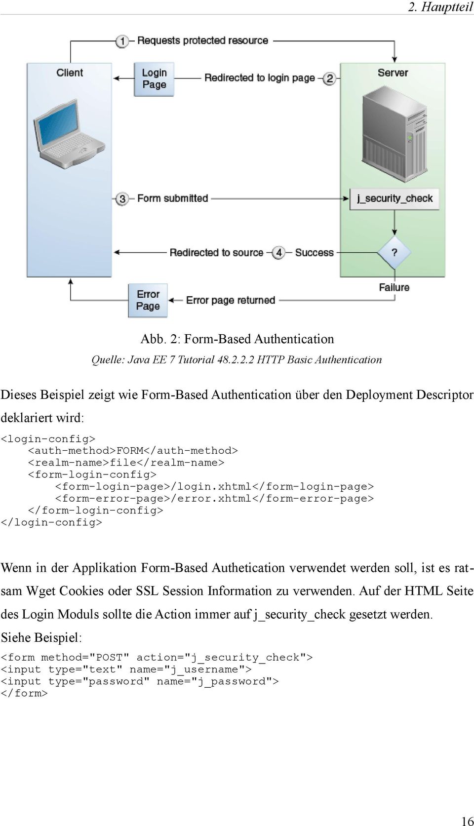 2.2 HTTP Basic Authentication Dieses Beispiel zeigt wie Form-Based Authentication über den Deployment Descriptor deklariert wird: <login-config> <auth-method>form</auth-method>
