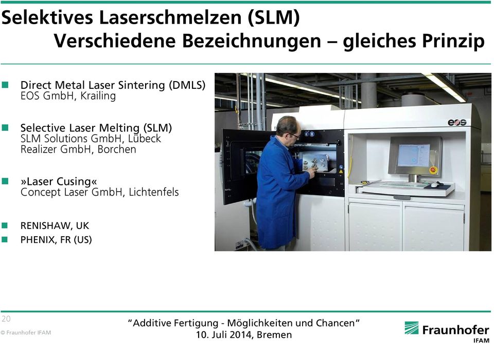 Selective Laser Melting (SLM) SLM Solutions GmbH, Lübeck Realizer GmbH,